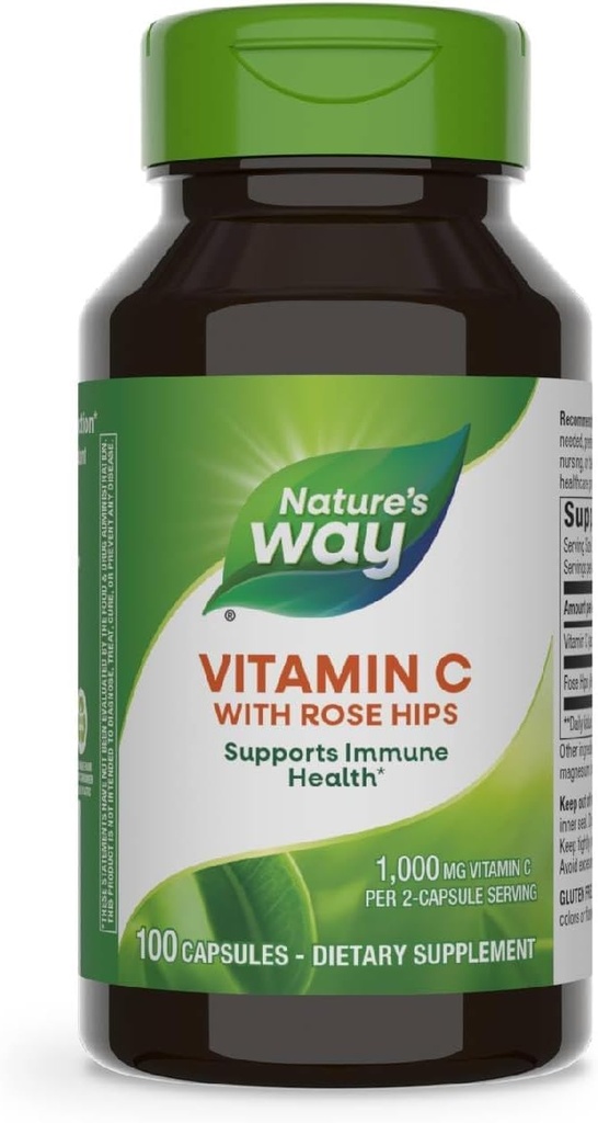 Naturens måde C-vitamin med Rose Hips, kraftfulde antioxidant & immunfunktion Support fra C-vitamin *, fremmer kollagen for sund hud *, 1000 mg C-vitamin, 100 kapsler (Packaging May Vary)