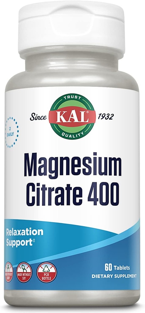 KAL Magnesium Citrate 400mg, Magnesium supplement til sund muskelfunktion, afslapning, nerve og cirkulation support, hurtig opløsning ActivTabs, Vegan, Gluten Free, 30 Servere, 60 tabletter
