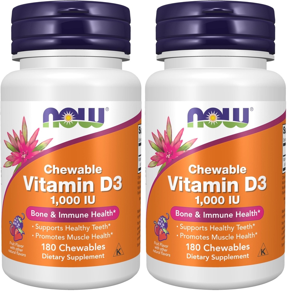 NU Kosttilskud, D3- 1. 000 IE Vitamin, naturlig frugtsmag, strukturel støtte *, 180 tyggetabletter (pakke med 2)