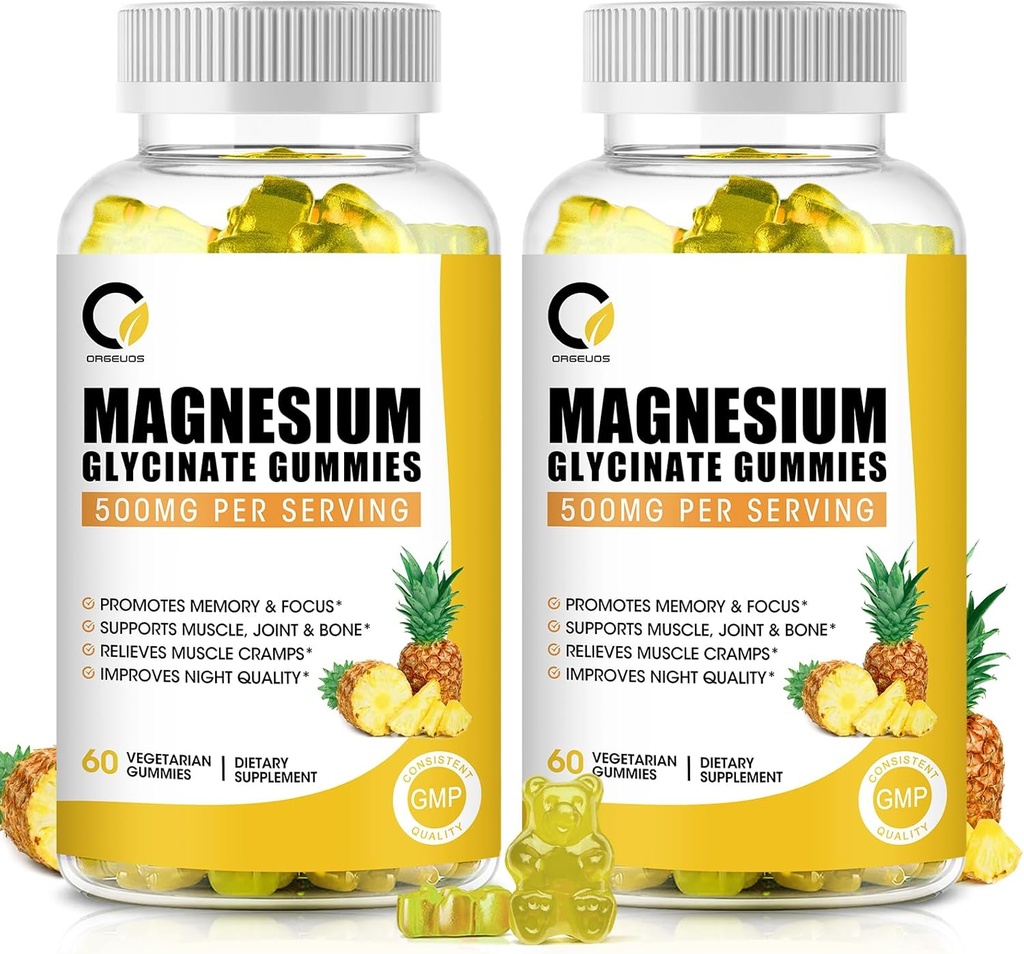 (2 Pack) Magnesium Glycinat Gummies 500mg, High- Absorption Magnesium tillæg med Calcium & Vitaminer, Support Bone, Muscle, Night, Memory & Mood, Vegan, Non- GMO, 60 Counts, Pineapple Flavor