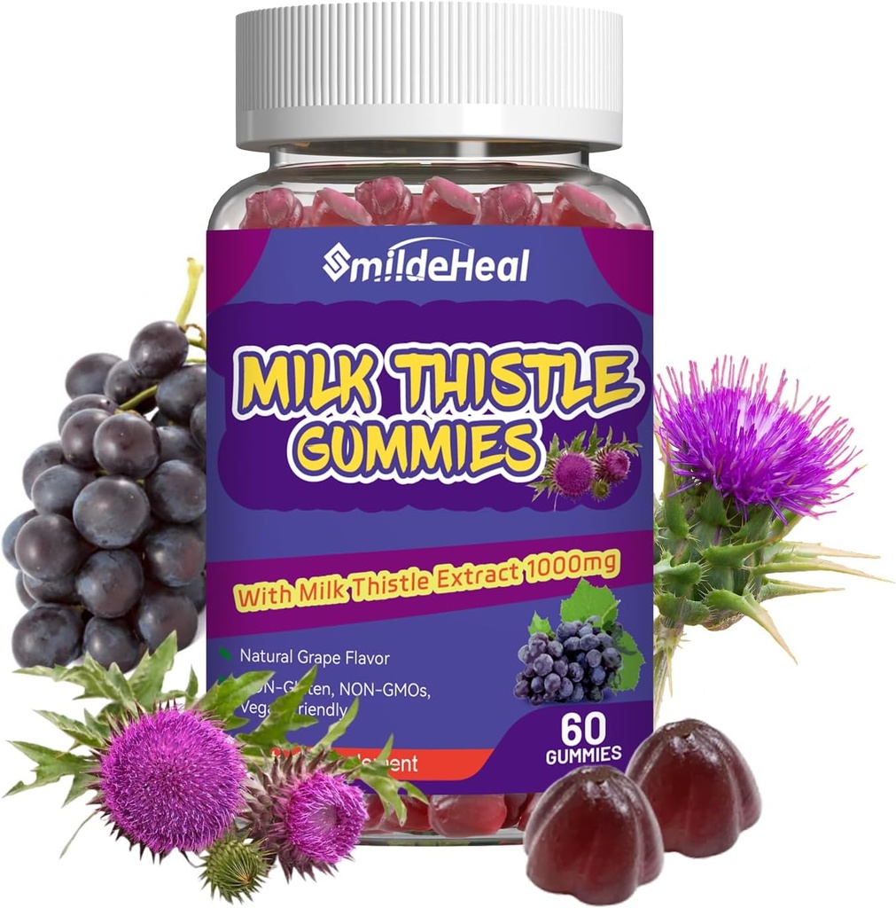Milk Thistle Gummies, Milk Thistle Extract 1000mg, Liver Detox, Antioxidant Support, Non-GMOs, Non-Gluten, Vegan, Milk Thistle Supplement, 60 Count