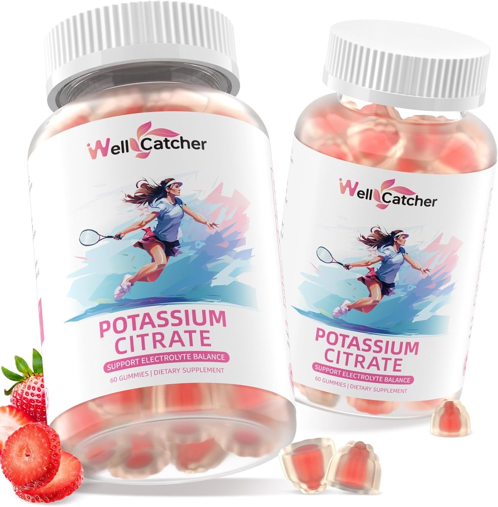 Kalium Citrat Gummier for voksne mænd Kvinder - High Kalium Supplement 500 MG Sukker Free Support Elektrolyte Balance Leg Cramps Vegan Non- GMO Organic Strawberry Flavor 2 Pakker
