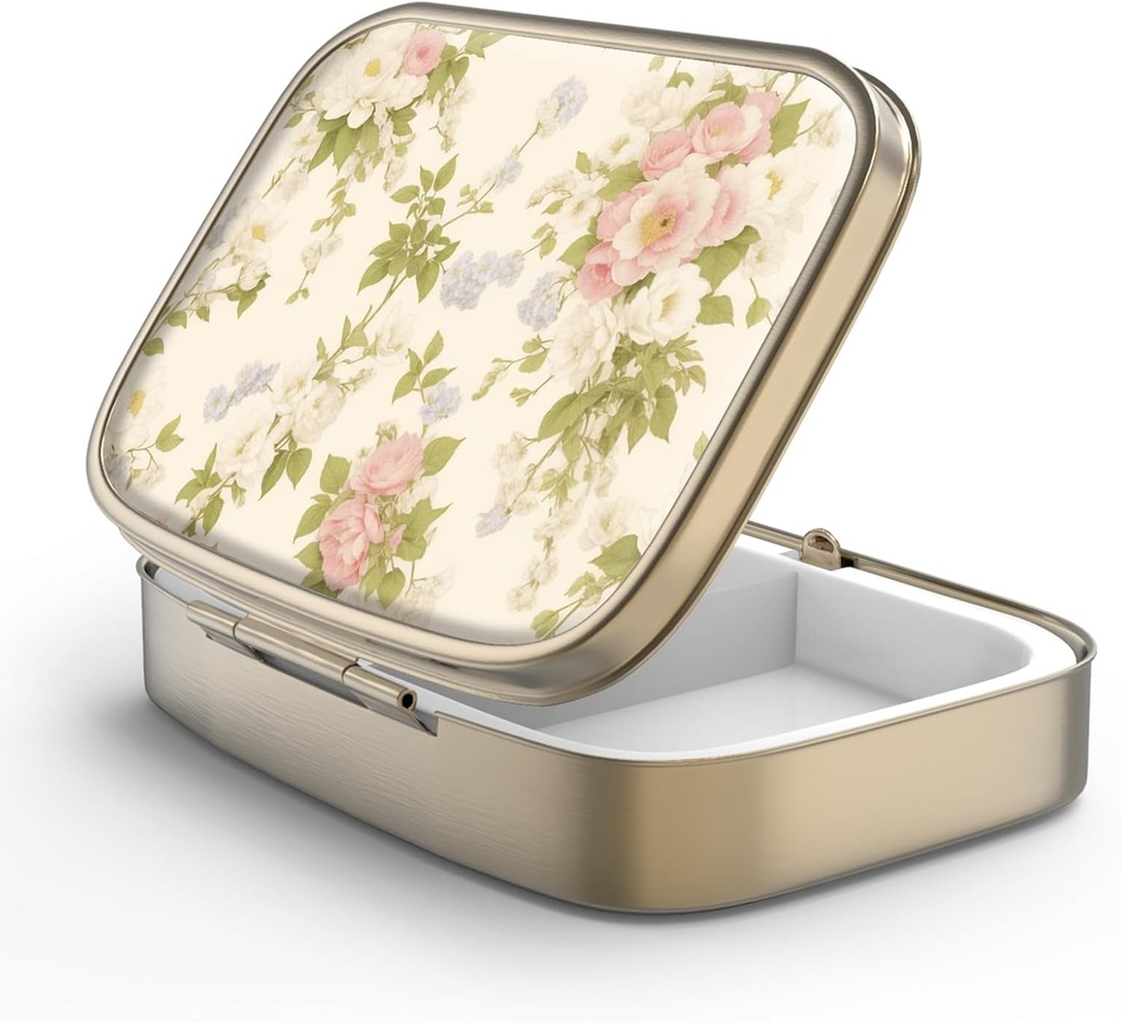 Pill Case Pill Box med spejl Retro 2 Segment Lille Pill Case for purse eller Pocket Bronze Rektangulær Pill Box eller Vitaminer, Fiskeolie, Kosttilskud, Pill Containe Rejsegaver Vintage Blomstervarer