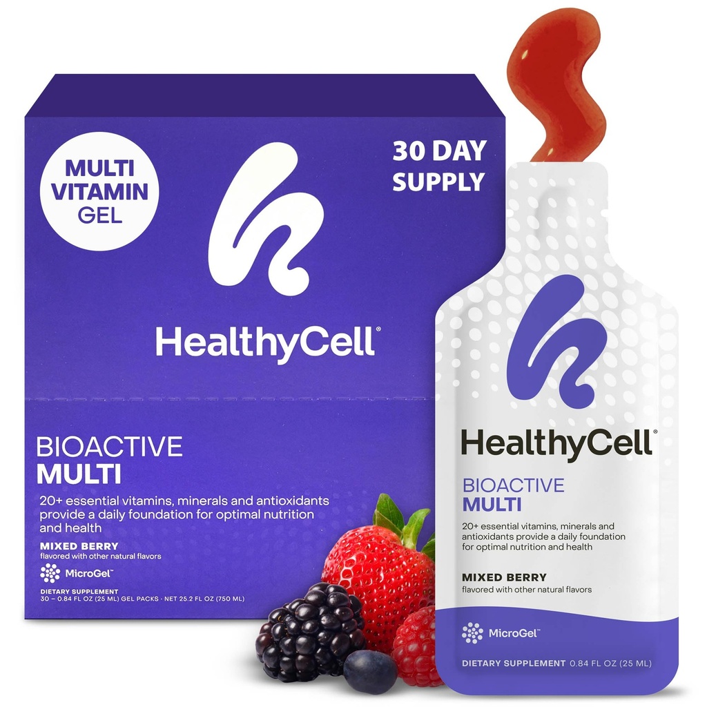 Healthycell Bioactive Daily Liquid Multivitamin til mænd og kvinder - 20 + essentielle vitaminer, mineraler & antioxidanter til hjerne, hjerte, immunitet, energi, hud og hår støtte - 30 Gel pakker