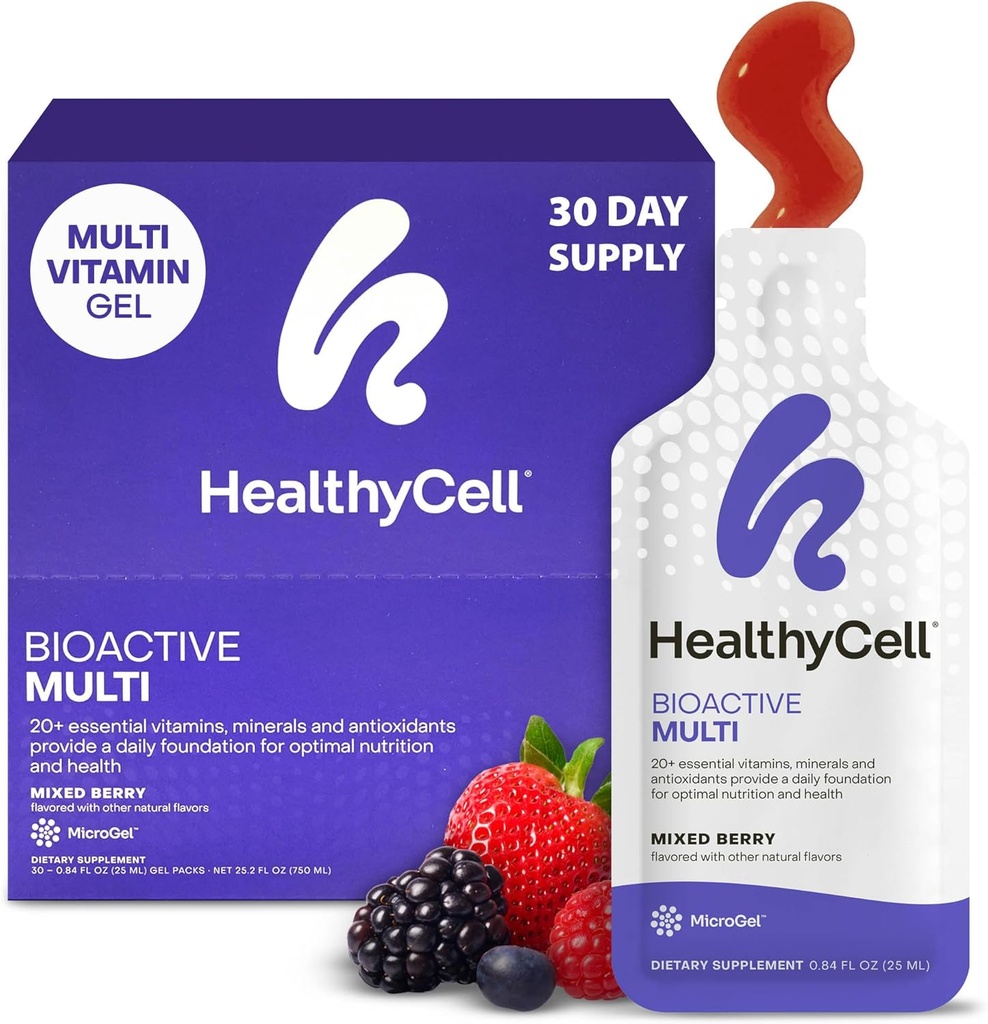 Healthycell Bioactive Daily Liquid Multivitamin til mænd og kvinder - 20 + essentielle vitaminer, mineraler & antioxidanter til hjerne, hjerte, immunitet, energi, hud og hår støtte - 30 Gel pakker