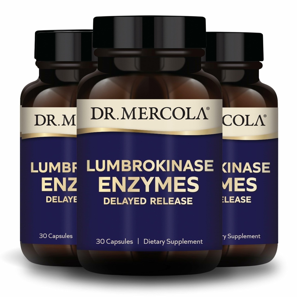 Dr. Mercola Lumbrokinase Enzymes - Formel for forsinket frigivelse - Kosttilskud til cardiovaskulær & energistøtte - Non- GMO, Gluten- Free & Soy- Free - 30 kapsler (30 Servere), 3 pakker