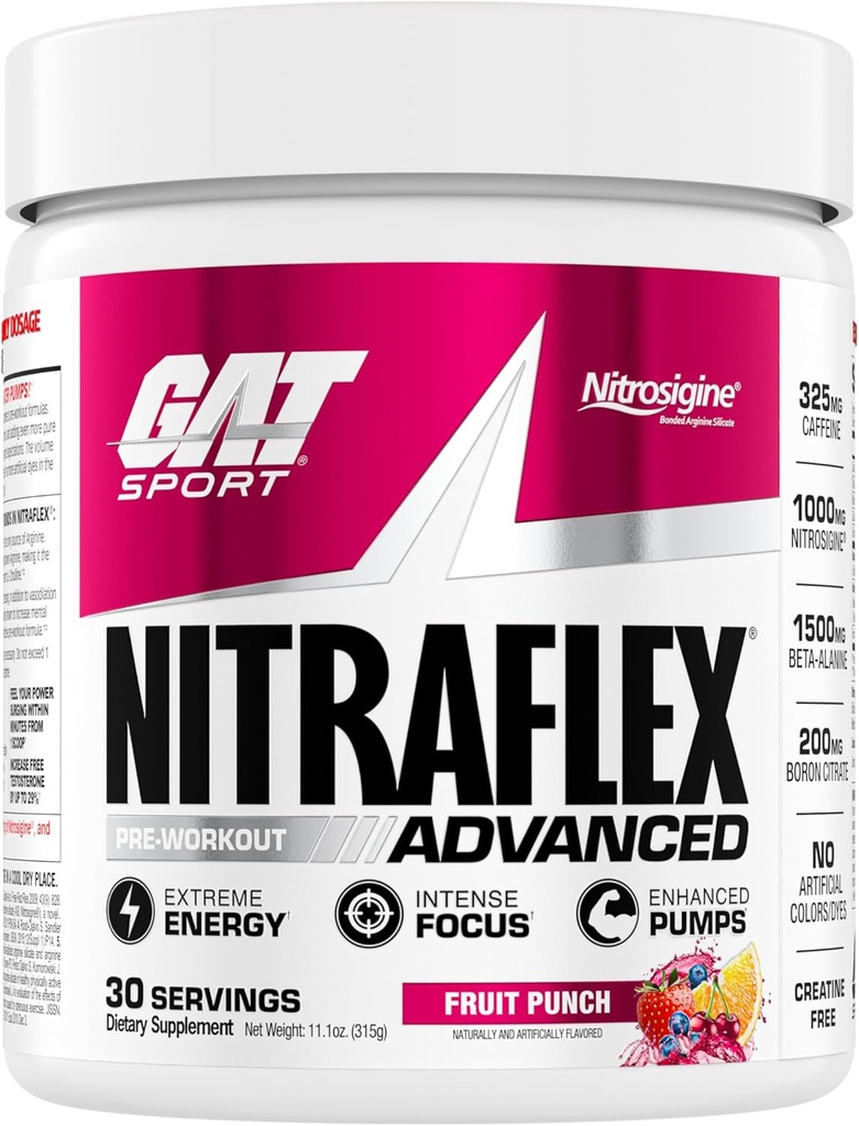 GAT SPORT Nitraflex Advanced Pre- Workout Powder, øger blodgennemstrømningen, øger styrke og energi, forbedrer motion ydeevne, mænd og kvinder (frugt punch, 30 Servere)