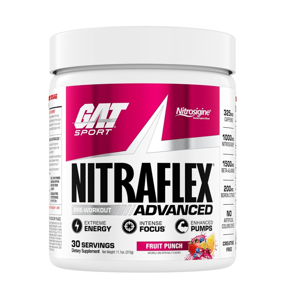 GAT SPORT Nitraflex Advanced Pre- Workout Powder, øger blodgennemstrømningen, øger styrke og energi, forbedrer motion ydeevne, mænd og kvinder (frugt punch, 30 Servere)