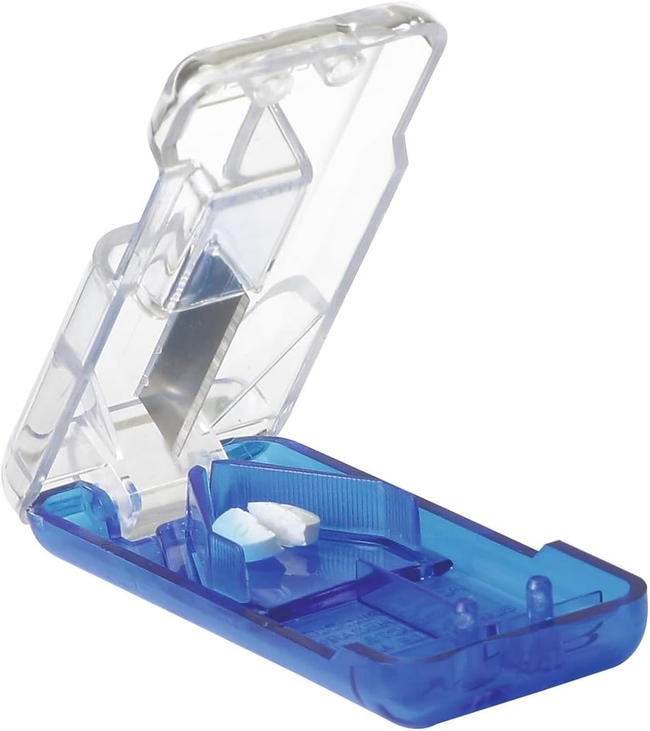 EZY DOSE Pill Cutter og Splitter med Build- in Pill Dispenser, Easy- Cut rustfrit stål Blade til tabletter, Vitaminer, Medicin, Bærbar, Travel- Size Pill Cutter til seniorer, Kæledyr & Daglig brug, Blå