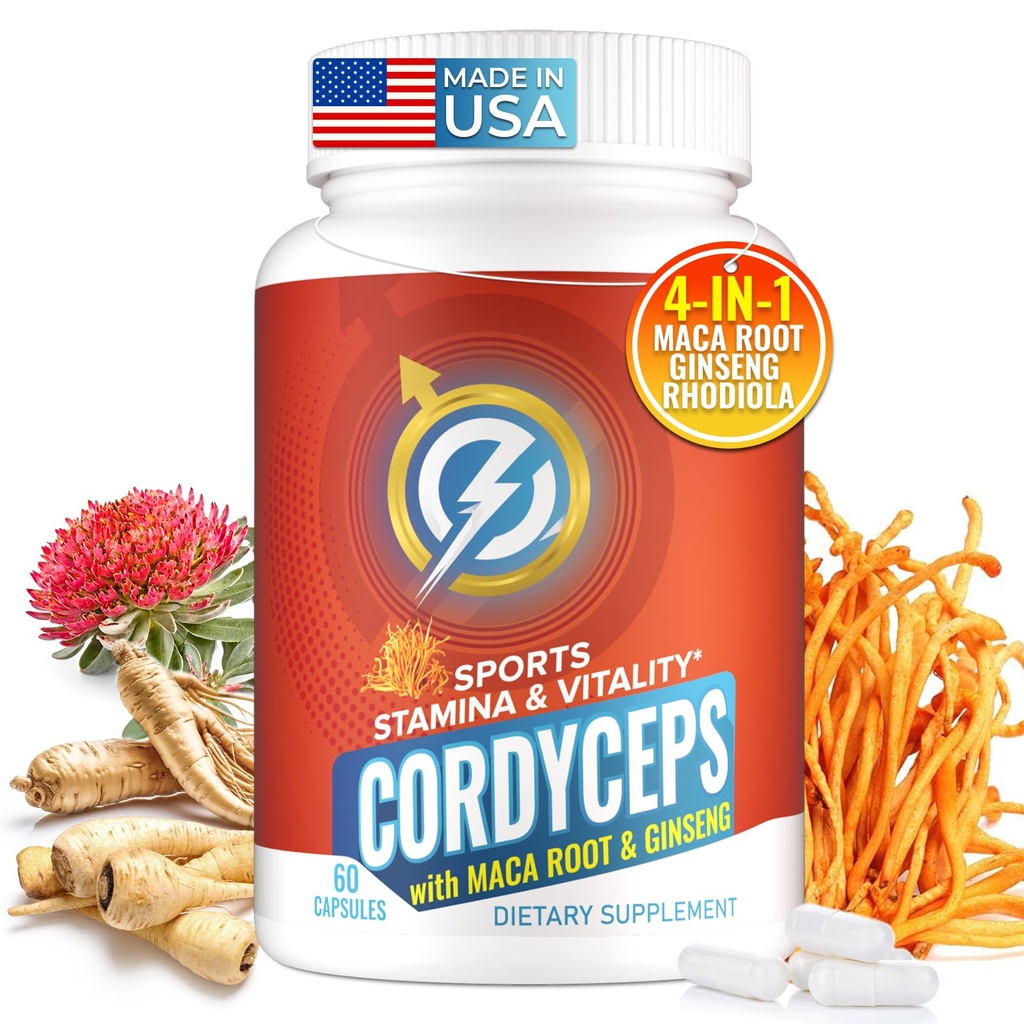 Cordyceps Mushroom Kapsler - Immun & Energy Support Supplement med Cordyceps Militari, Maca Root, Ginseng, Rhodiola, Mushroom Supplement for Endurance, Stamina, Atletisk ydeevne, 60 Kapsler