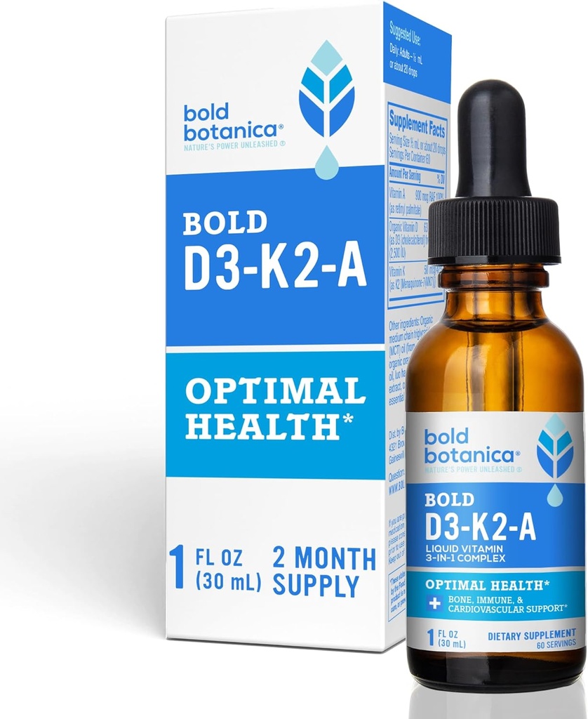 Bold Botanica D3-K2-A, Liquid Vitamin Complex, Vegan D3 from Organic Algae with Vitamin K2 (MK7) and A for Immune Support, Natural Orange Flavor, Tastes Delicious, 1 FL OZ. (30mL)