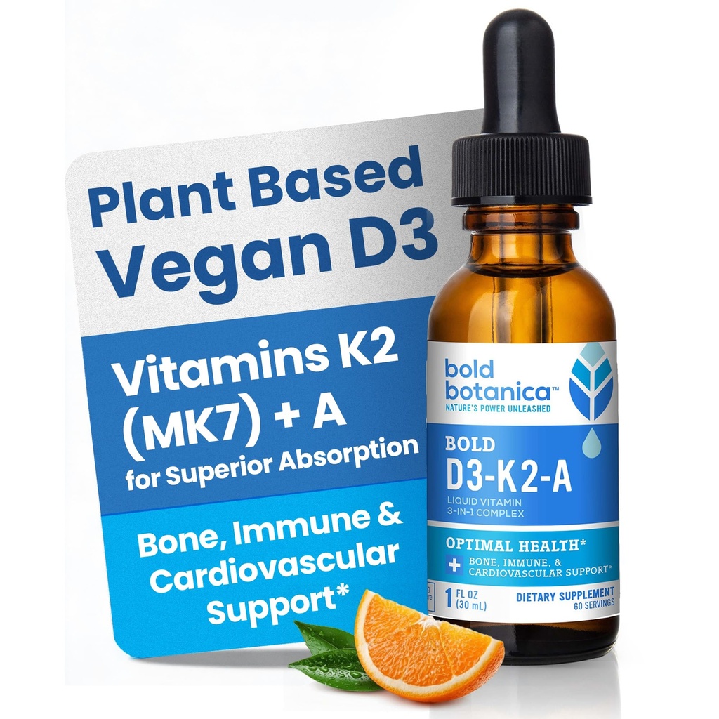 Fed Botanica D3- K2- A, Flydende Vitamin Complex, Vegan D3 fra Organic Algae med Vitamin K2 (MK7) og A til immunstøtte, Natural Orange Flavor, Tastes Delicious, 1 FL OZ. (30ml)