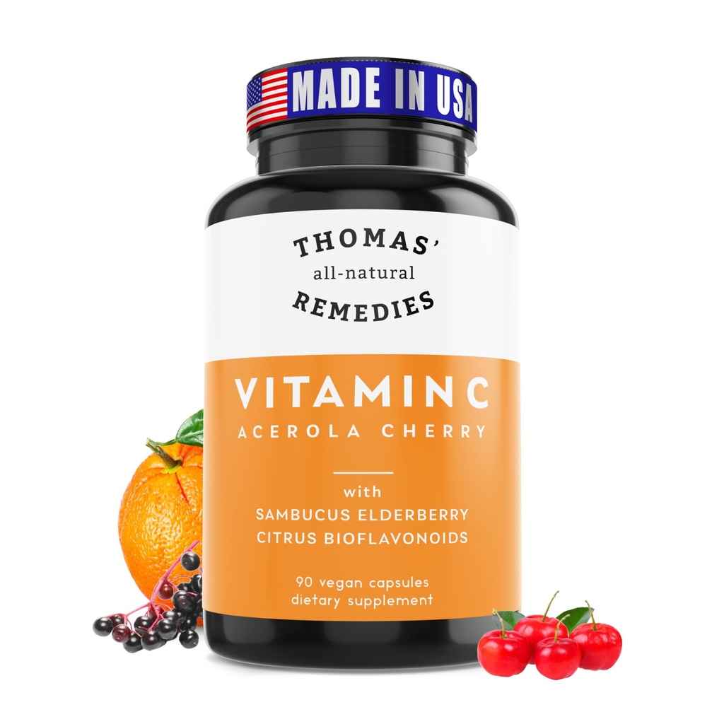 Thomas 'all- naturlige smertestillende C-vitamin med økologisk hyldebær, Organic Citrus Bioflavonids - Hel kosttilskud - Non- GMO - Raw Vegan - 90 kapsler