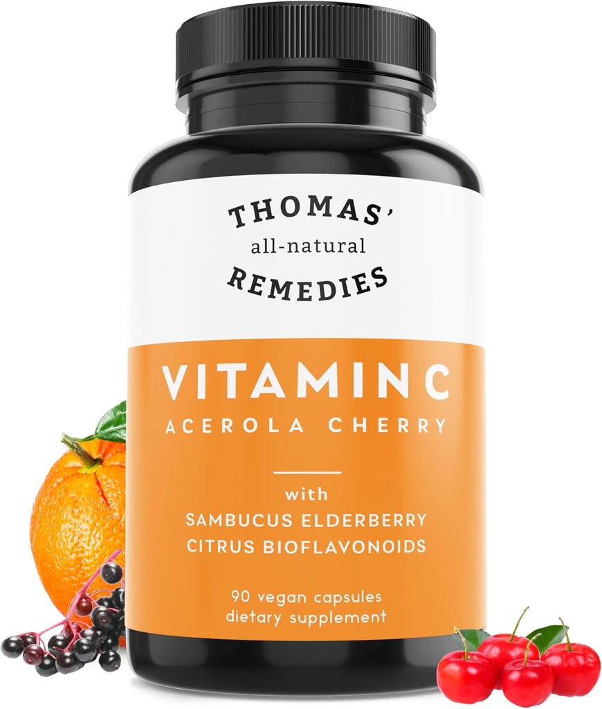 Thomas 'all- naturlige smertestillende C-vitamin med økologisk hyldebær, Organic Citrus Bioflavonids - Hel kosttilskud - Non- GMO - Raw Vegan - 90 kapsler