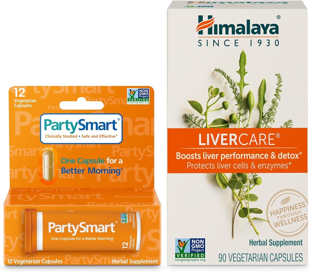 Himalaya PartySmart 12 Caps, One Capsule til en bedre morgen efter at have drukket Plus LiverCare, 90 Caps til daglig lever rense, leverstøtte og at fjerne affald - 2 Produkt bundle