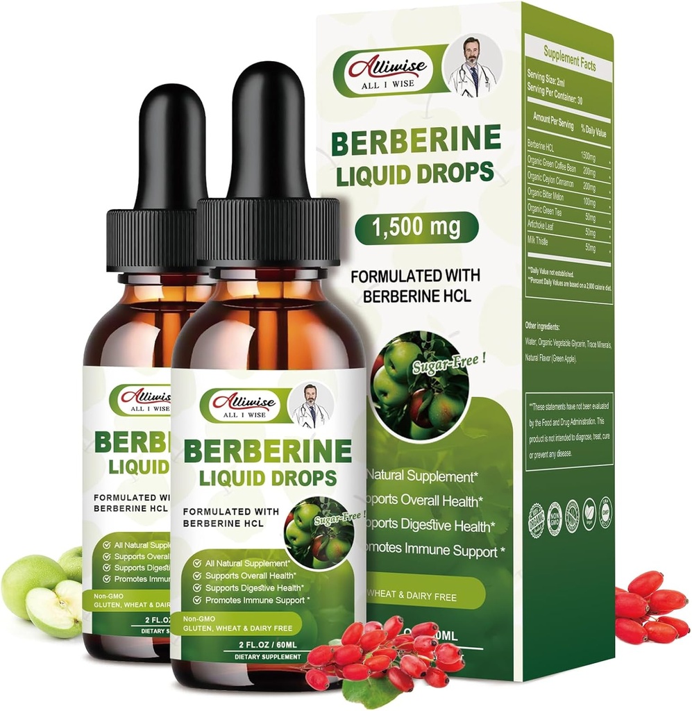 2 Pack Berberine supplement flydende dråber til immunsystemet & fordøjelsessystemet understøtter -Premium Berberine HCL 1500mg med Pure Ceylon kanel -4 Fl Oz