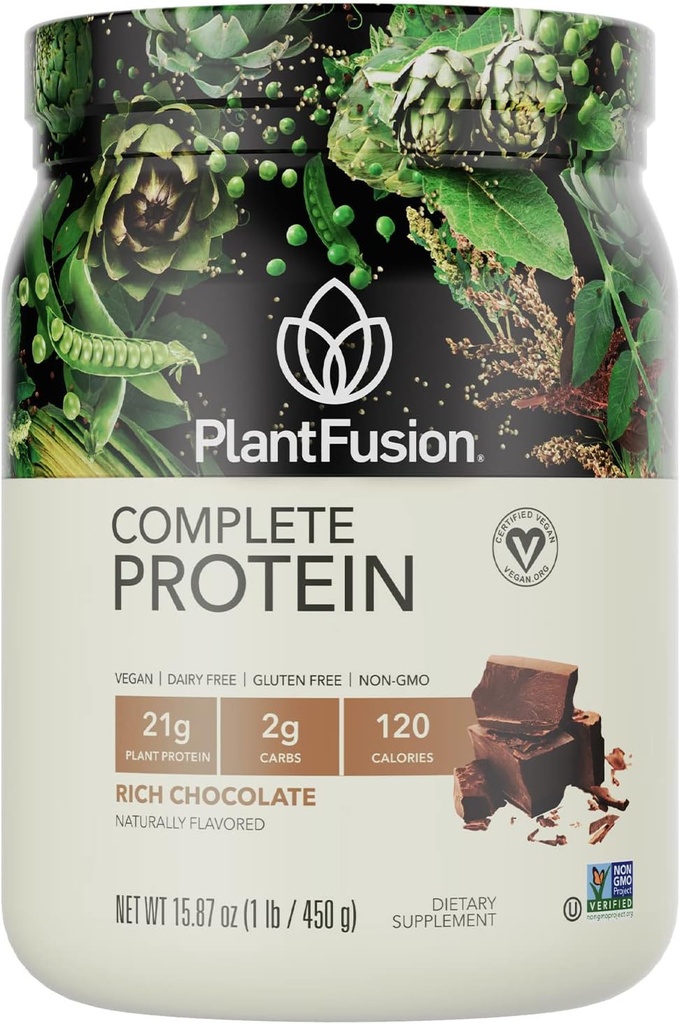 PlantFusion Complete Vegan Protein Powder - Plant Based Protein Powder med BCAA, fordøjelsesenzymer og Pea Protein - Keto, Gluten Free, Soy Free, Non- Dairy, No Sugar, Non- GMO - Chocolate 1lb