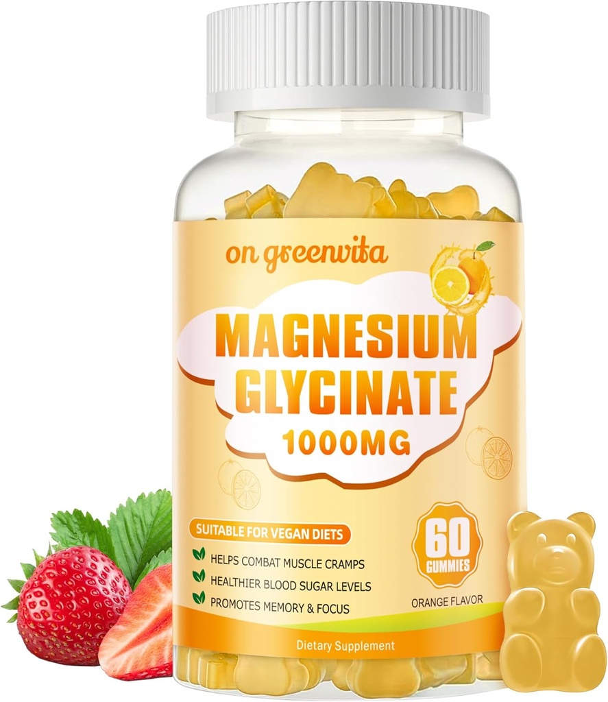 Magnesium Glycinat Gummies 1000mg - Sugar Free Magnesium Kalium Supplement med D-vitamin, B6, CoQ10 for Calm Mood & Sleep Support - 60 Orange Gummies