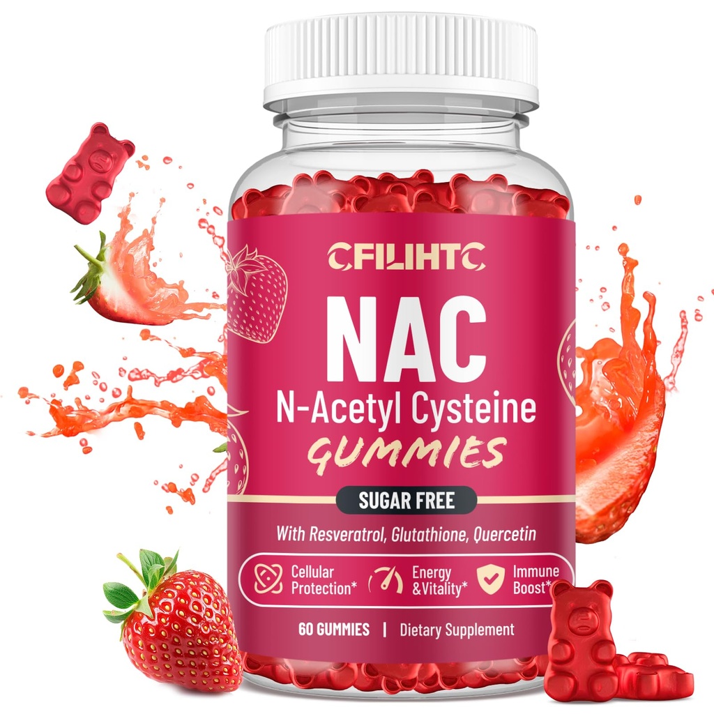 NAC Gummies 600mg, N Acetyl Cysteine Supplement med Glutathion, Resveratrol, Magnesium, CoQ10, NAC Chewable for Antioxidants & immun Support, Strawberry Flavor 60 Gummies