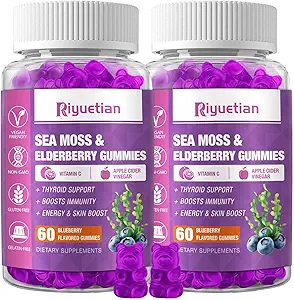 Sea Moss & Elderberry Gummies, Blueberry Flavored Gummy, Vitaminer Sea Moss Kosttilskud med C-vitamin + Zink og Apple Cider Vinciture, Good Texture, Vegan- Friendly, 120 Greve (Pack of 2)