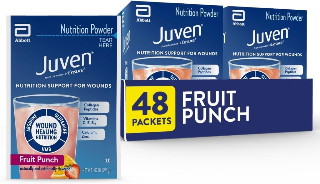 Juven Therapeutic Nutrition Drink Powder inkl. Collagen Peptider, Aminosyrer, og HMB For Sår Healing Support, Fruit Punch, 48 Pakker