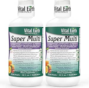 Vital Earth Minerals Super Multi 2- Pack - Flydende multivitaminer til kvinder, mænd og børn, flydende vitaminer med Fulvic Acid til bedre absorption, MTHFR Support, 32 Oz Ea + 1 Oz Cup
