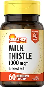 Sundance Milk Thistle 1000mg • 124; 60 Quick Release Kapsler • 124; Traditional Herbal Supplement • 124; Non- GMO og Gluten Free Formel