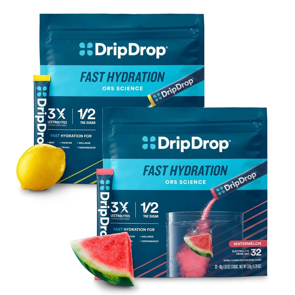 DripDrop Hydration - Electrolyte Powder Packets - Watermelon & Lemon Bundle - 64 Greve