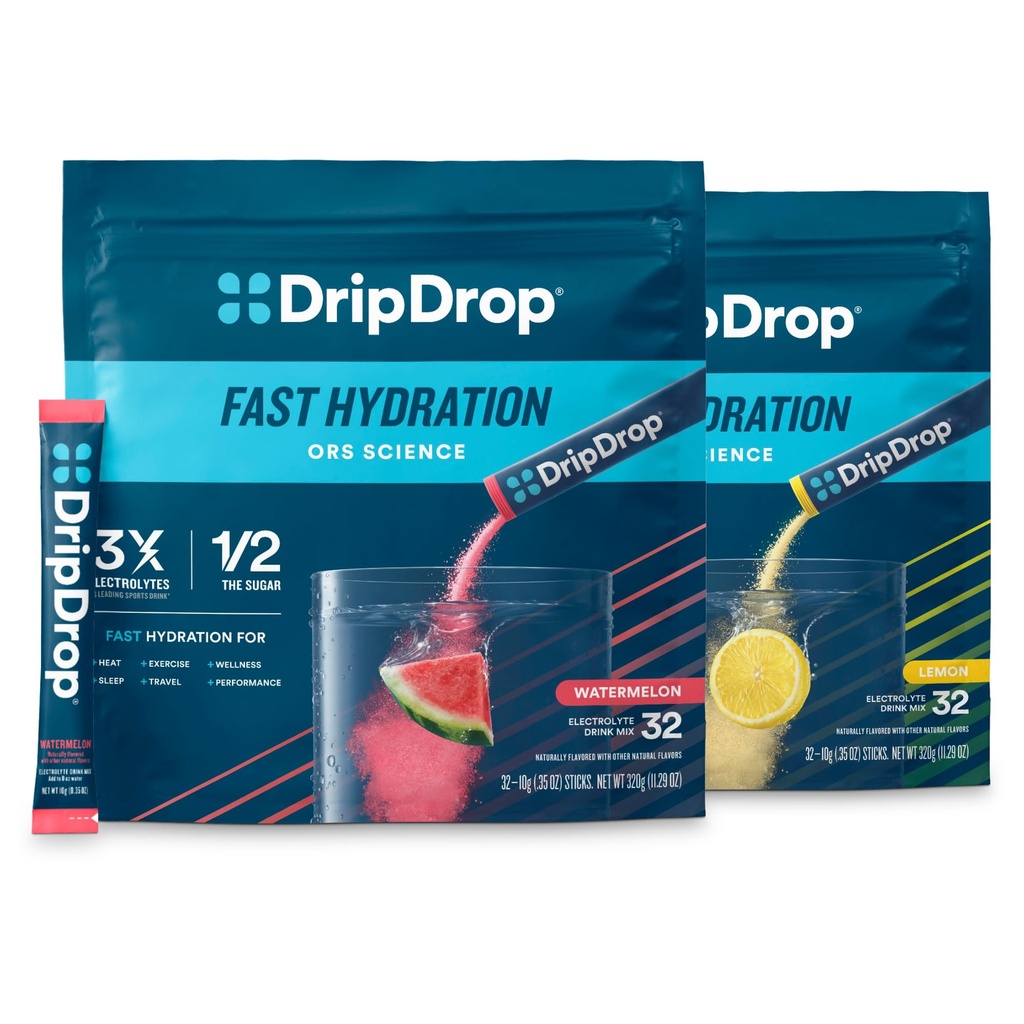 DripDrop Hydration - Electrolyte Powder Packets - Watermelon & Lemon Bundle - 64 Greve