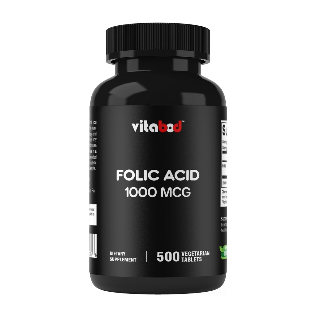 Folinsyre 1 mg (1000 mcg) (vitamin B9) - 500 vegetariske tabletter - et essentielt prenatalt og postnatalt vitamin