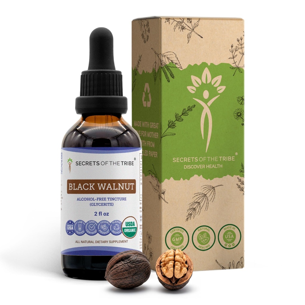 Secrets of the Tribe Black Walnut USDA Organic Mezzogiorno 124; Alkohol- Free Extract, High- Potency Herbal Drops Mezzogiorno 124; Lavet af 100% Certified Organic Black Walnut (Juglans Nigra) Tørret Hull 2 oz