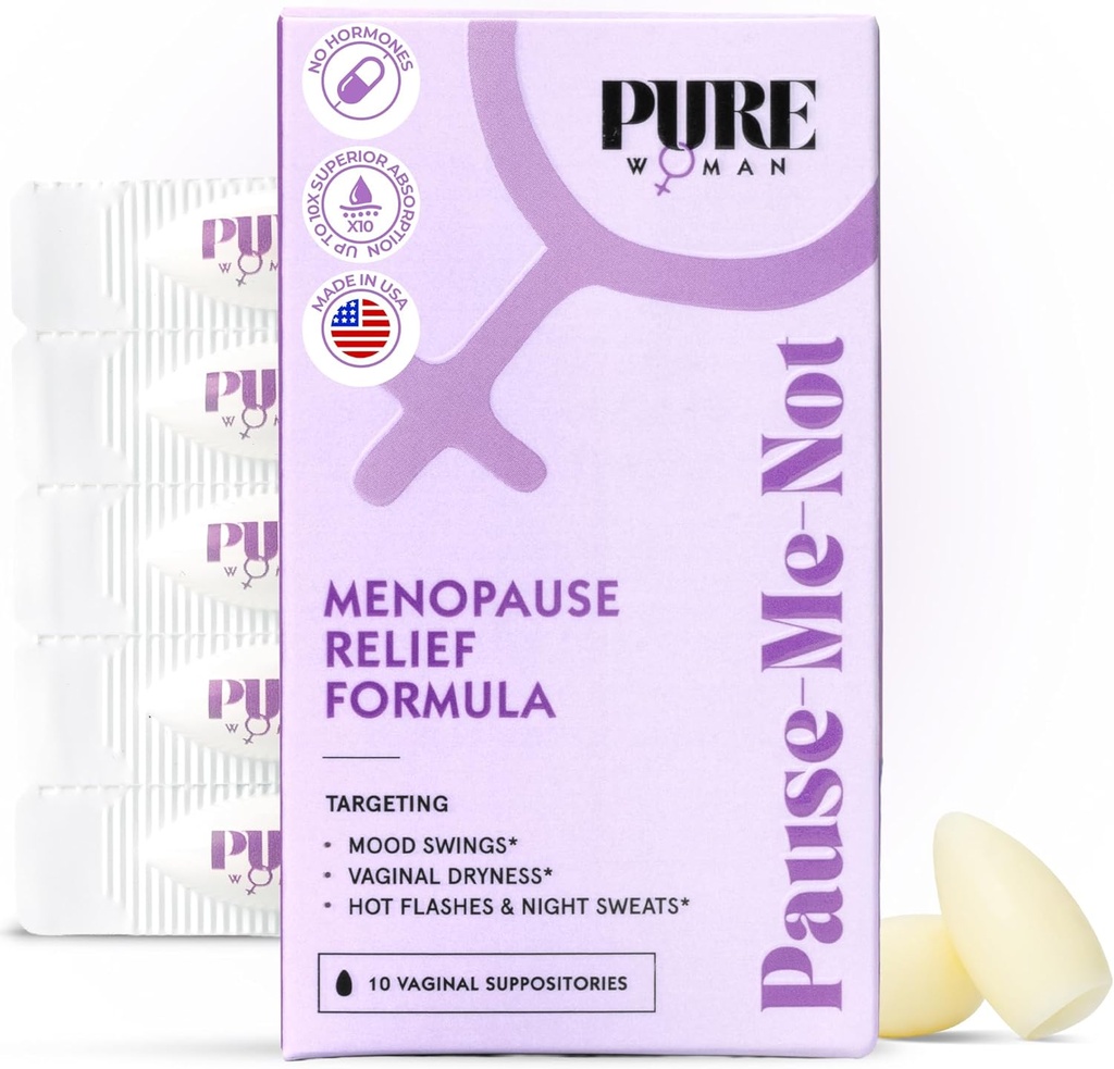 Pure Woman Pause-Me-Not Menopause Relief Vaginal Suppositories - Vaginal Moisturizer for Menopausal Women - Vitamin E & Hyaluronic Acid Vaginal Suppositories for Dryness, Hot Flash & Night Sweat