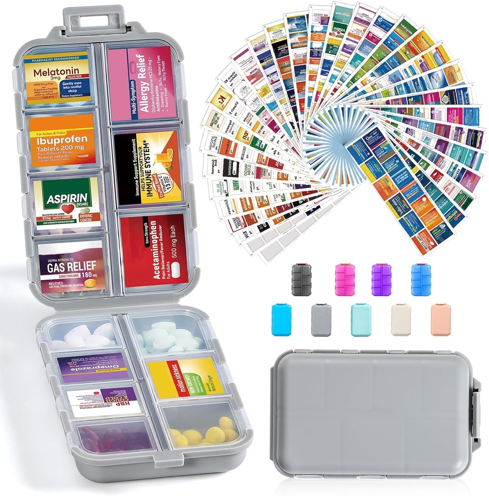 14 Grids Travel Pill Organizer Box med 415-Pcs Medicine Navn Labels - Pocket Daily Pharmacy Case Container - Travel Medication Holder Dispenser Kit for Fish Oil Vitamin Supplement Storage - Grå