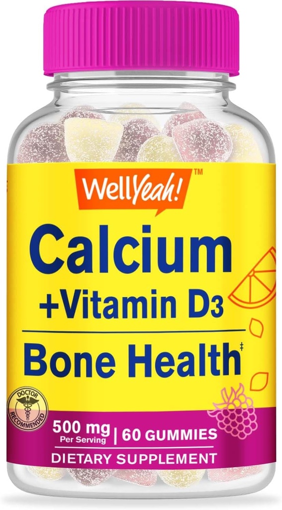 WellYeah Calcium 500mg + D3- vitamin 1000 IE (25 mcg) Gummies - Knogle- og muskelsupprt, immunstøttegummi, ikke GMO, Gluten Free, Mix Fruit Flavors - 60 Gummies