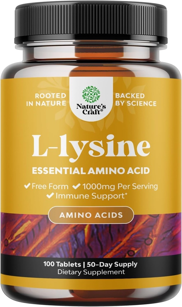 Natures Craft L- Lysin Free Form Capsules - High Strength L- Lysin Supplement for Eye Health Lip Care Collagen Syntese og immunforsvar - Essential Aminosyre - 1000 mg per servering - 100 Tæl