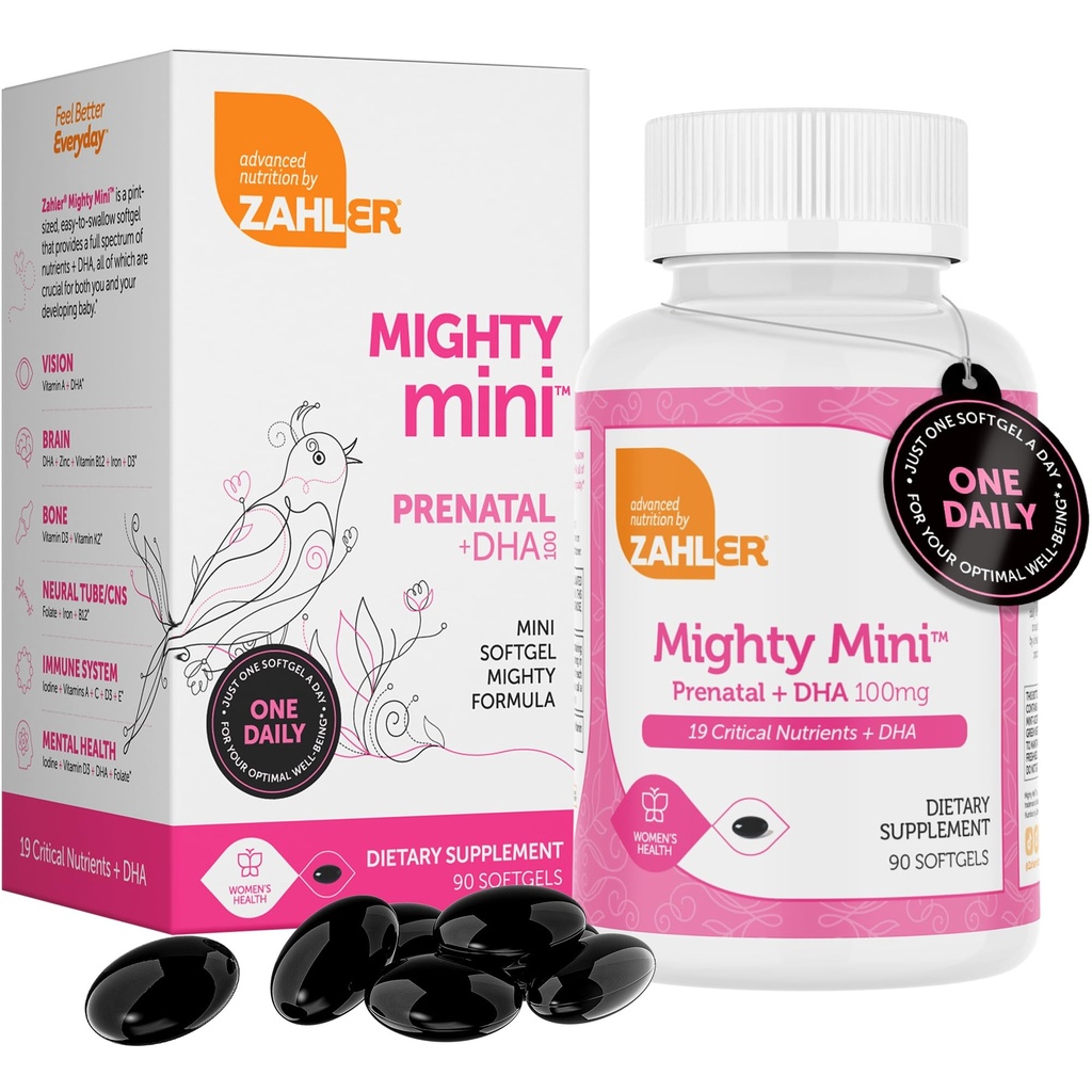Zahler Mighty Mini prenatal Vitamin med DHA & Folate - Certificeret Kosher - Alle naturlige prenatale vitaminer - Multivitamin til gravide kvinder - 19 prenatale vitaminer herunder folinsyre (90 Softgels)