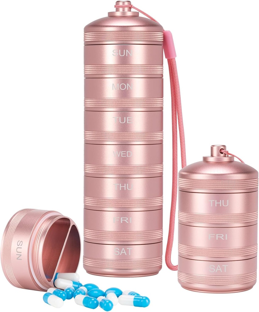 XHT Pink Weekly Metal Pill Organizer 7 Dag 2 gange om dagen - Æstetisk vandtæt AM PM Travel Pill Box, Heavy Duty Pill Holder og Medicin Pill Organizer til vitaminer, fiskeolie & kosttilskud