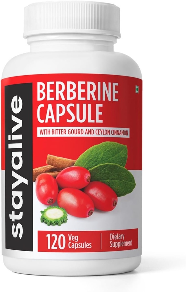 Stay ALIVE Premium Berberine med Ceylon Cinnamon, 31- kompleks med Berberine HCL 1200mg & Bitter Gourd Extract, 120 kapsler, Ekstra styrke pulver, Non- GMO & Gluten- Free Supplement