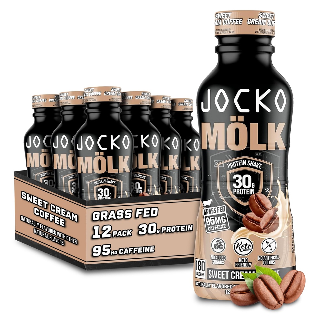 Jocko Fuel Mölk 30g Grass Fed Protein Shakes - Ingen tilsat sukker Protein Drinks KETO Friendly - Klar til at drikke 12 FL Oz (pakke med 12) Sweet Cream Coffee