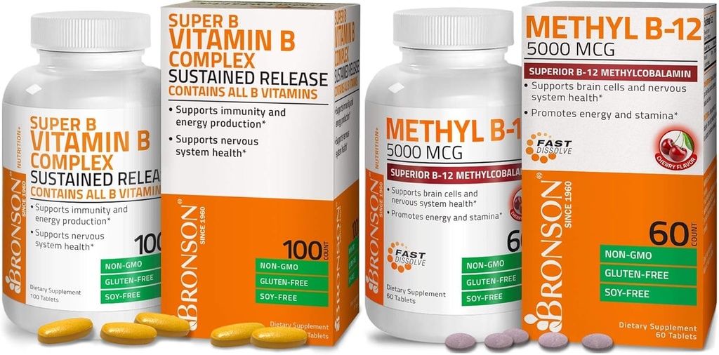 Bronson Methyl B12 5000 mcg vitamin B12 Methylcobalamin Lozenges + Super B vitamin B Complex Vedvarende langsom frigivelse