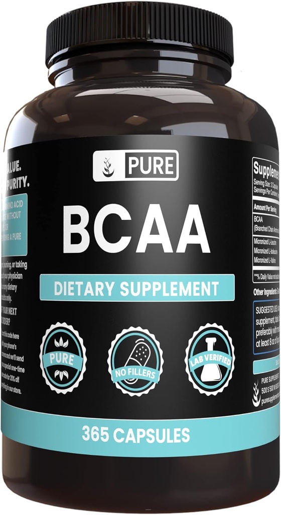 Pure Original Ingredienser BCAA (365 kapsler) Ingen Magnesium eller ris Fyldere, Altid Pure, Lab Verified