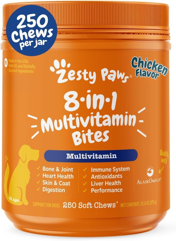 Zess Paws hund multivitamin, tyggetyve hund vitaminer og kosttilskud til Hip & Joints, Hud & Coat, Omega 3 Fish Oil til hunde - Senior & Puppy Multivitamin - Kylling - 250ct