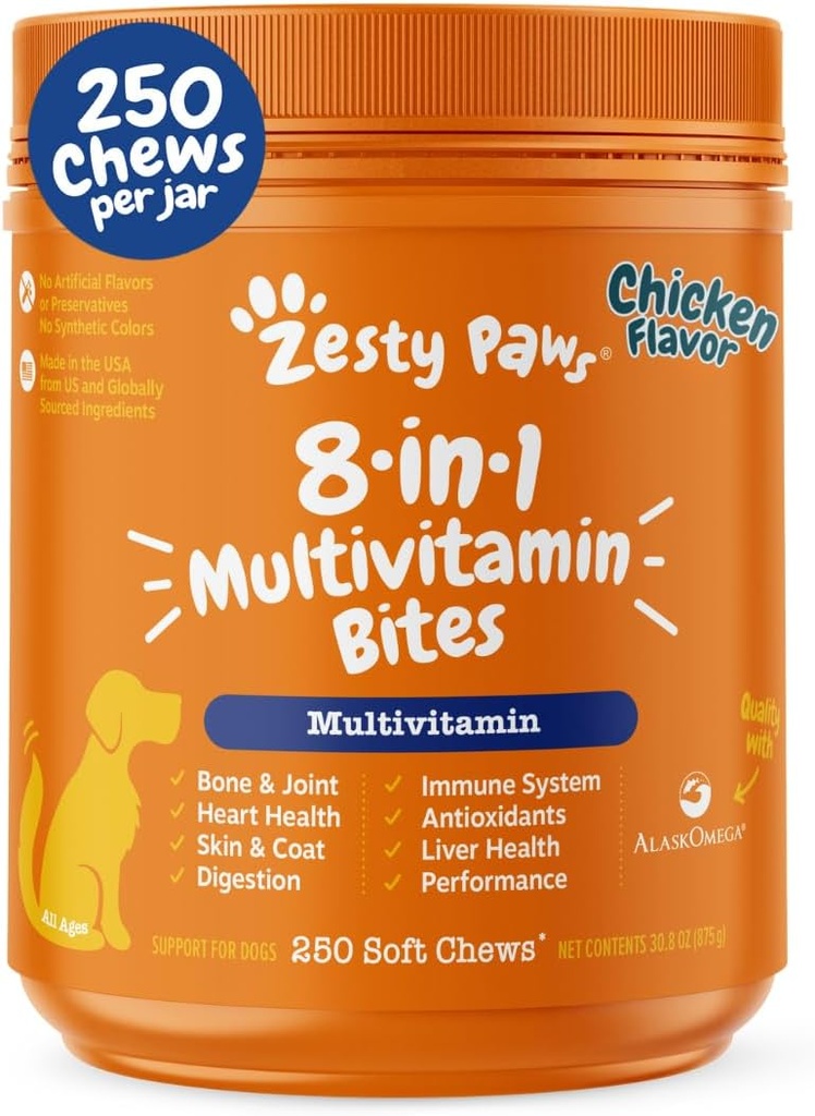 Zess Paws hund multivitamin, tyggetyve hund vitaminer og kosttilskud til Hip & Joints, Hud & Coat, Omega 3 Fish Oil til hunde - Senior & Puppy Multivitamin - Kylling - 250ct