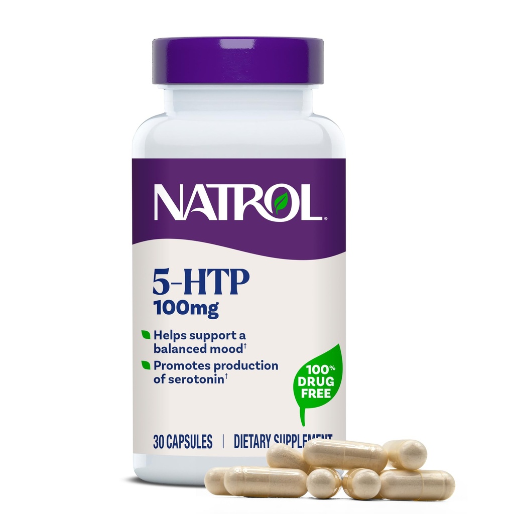 Natrol Mood + Stress 5- HTP 100 mg, Kosttilskud til afbalanceret mood, kapsler til voksne, 30 kapsler, op til en 30 dages forsyning