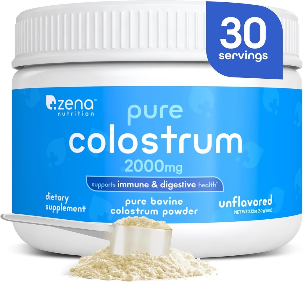 Zena Nutrition Bovine Colostrum Powder Supplement, 2000mg Pure Colostrum, understøtter immunforsvar og fordøjelsessygdomme, fremmer Gut Health, Keto, Gluten Free, Fat Free, Grass Fed, Unflavored, 30 Serveringer