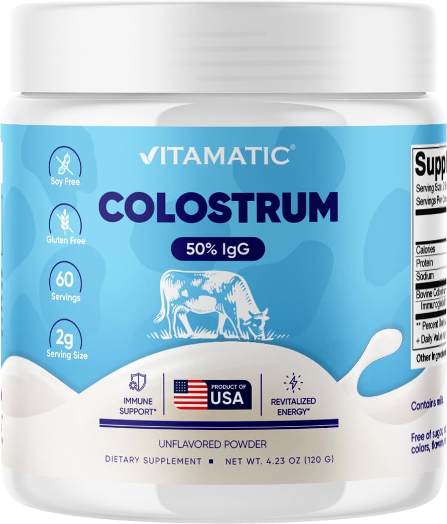 Vitamatic Bovine Colostrum Powder - 50% Highest IgG -120 Gram - Supplement for Gut Health, Hair Growth, Beauty, Muscle Recovery, & Immune Support - Easy to Mix - Unflavored - 60 Servings