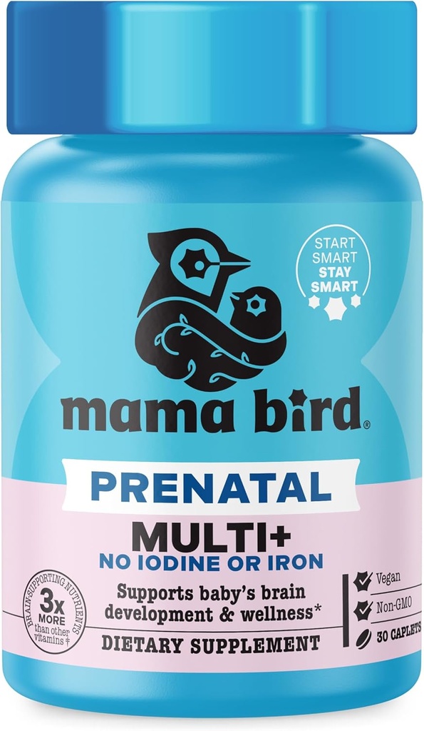 Bedste Nest Wellness Mama Bird Prenatal Multi Plus Jod & Iron Free - Prenatal Vitamin til hjerne & fordøjelse - Vegan Multivitamin med methylfolat, Probiotika & mere - 30 kapsler