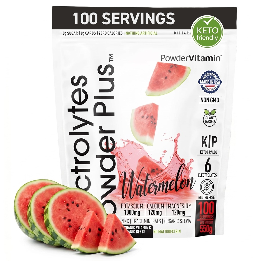 PowderVitamin Electrolytes Powder Plus (100 Servere) Vandmelon Electrolyte Powder, Zero Calorie, Keto, 0 Sugar, No Maltodextrin, 1000mg Kalium, 120mg Calcium, 120mg Magnesium, Energy Hydration Powde