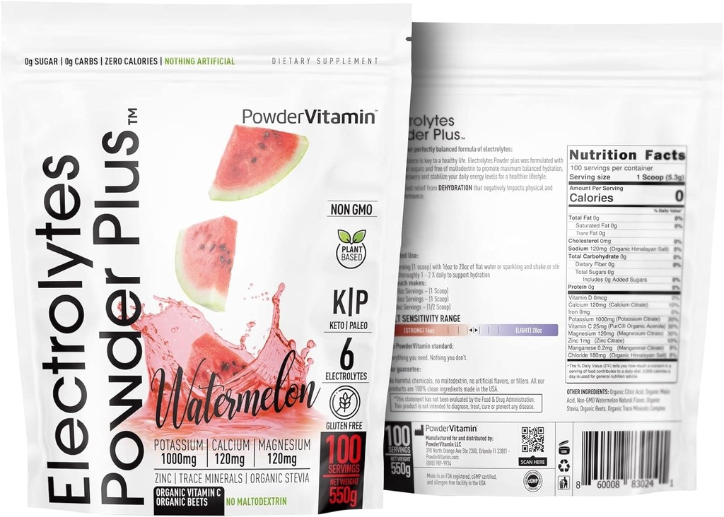 PowderVitamin Electrolytes Powder Plus (100 Servere) Vandmelon Electrolyte Powder, Zero Calorie, Keto, 0 Sugar, No Maltodextrin, 1000mg Kalium, 120mg Calcium, 120mg Magnesium, Energy Hydration Powde