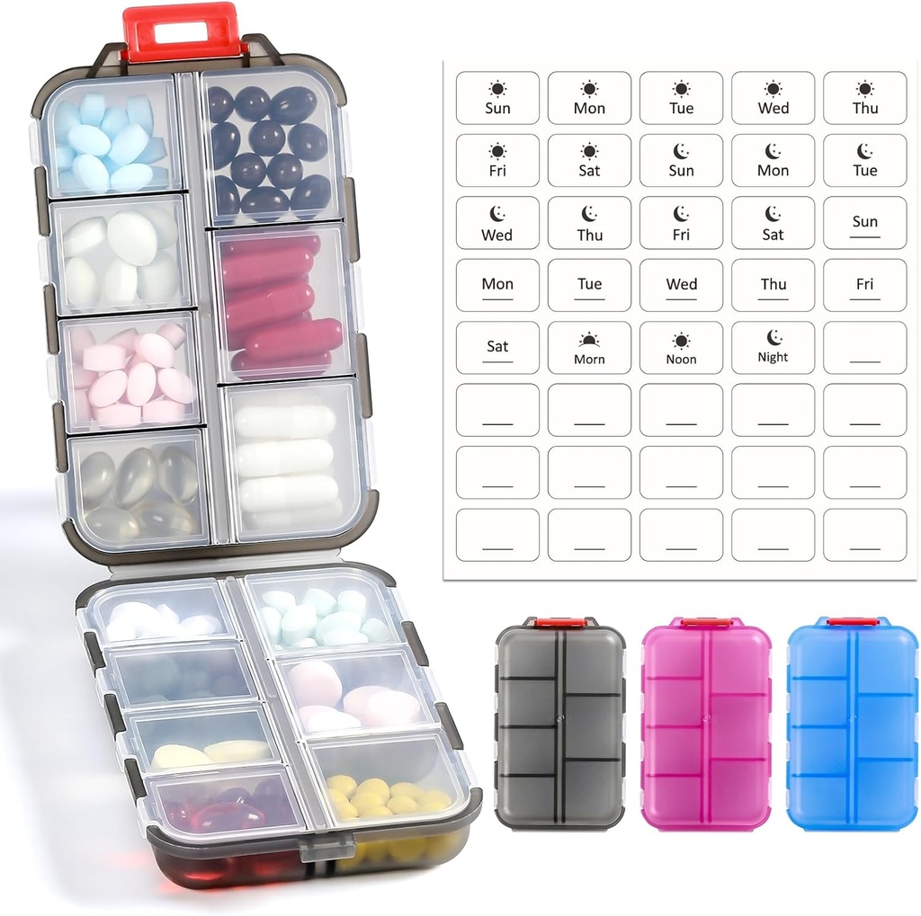 3 Pack 14 GRIDS Travel Pill Organizer Box med etiketter - Travel Medicine Case Kit - Pocket Daily Pharmacy Container - Travel Medication Holder Dispenser for Fish Oil Vitamin Supplement Storage - Clear